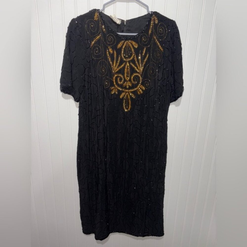 Vintage Beaded Elegant Black and Gold Embellished 100% Silk Dress| Size Large